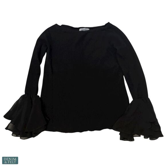 Neiman Marcus Cashmere Collection Bell Sleeve Black Silk Trim Sweater Large - Picture 5 of 11